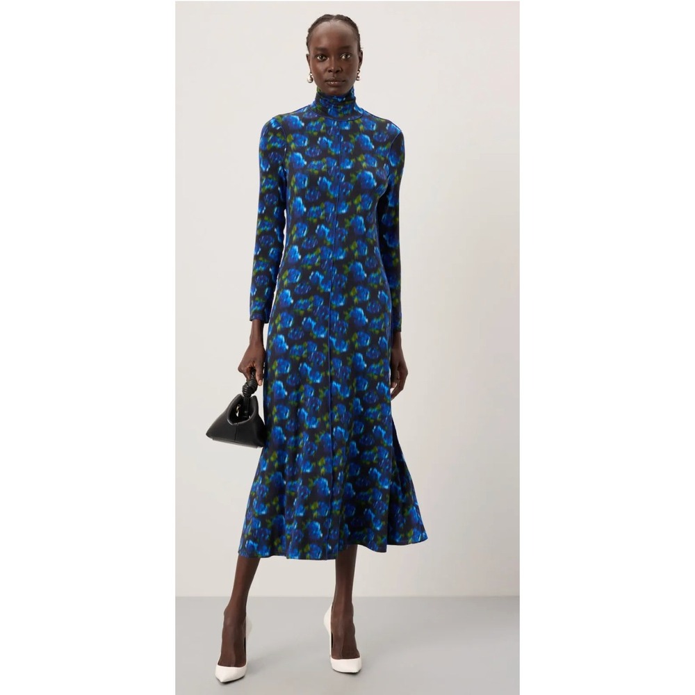 Hunter Bell Kings Hill Dress Blue Floral Print Mock Neck Fit Flare Midi Size M